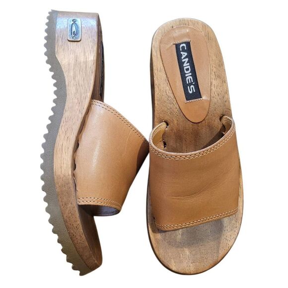Vintage Y2K Candie's Sandals Women's 5.5 Wood Platform Slide Leather Chunky - Picture 1 of 6